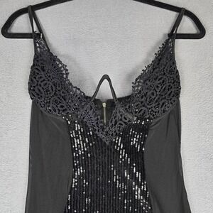 Sequin Mesh Dress Women M Black Sheer Lace Slip Bodycon Adjustable Strappy Party